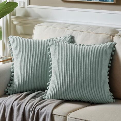 2 taies d'oreiller de canapé 45 x 45 cm, coussin élégant à pompon, coussin décoratif pour matelas, sans rembourrage (bleu clair)