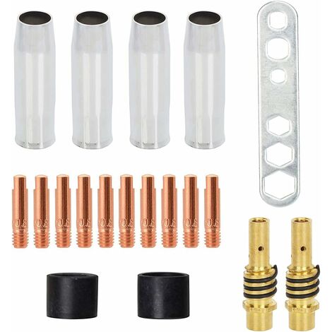 2 tapas de cono de soldadura AK-15 / MB-15 MIG MAG/accesorios de boquilla, piezas de desgaste, 10 puntas de soldadura M6 de 0,88 mm y 2 soportes de boquilla con resortes fijos (19 piezas)