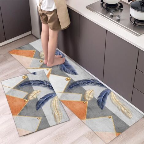 2 Tapis de Cuisine 40x120cm & 40x60cm Antidérapants Absorbants pour Devant Évier - Couleurs Orange, Gris, Bleu