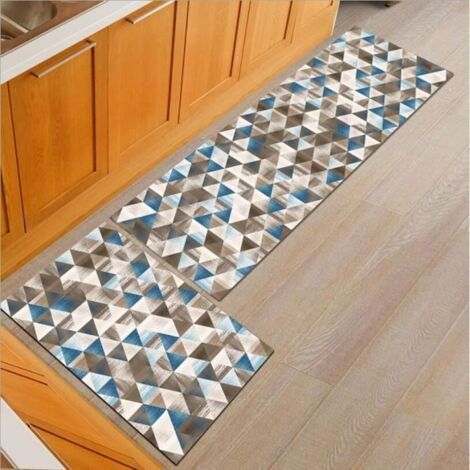2 Tapis de Cuisine pour Devant Évier - Motifs Géométriques Marron et Bleu - 40 x 60 cm et 40 x 120 cm
