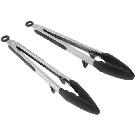 2-teilige 30 cm lange Küchenzange aus Edelstahl mit Silikonspitzen für Grill und Grill, Schwarz