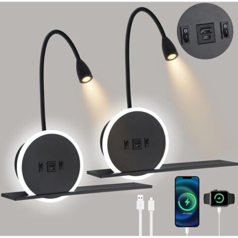 2-teilige LED-Nachttischleuchte mit Schalter, USB- und USB-C-Ladeanschluss, 3 W (3000 K) + 9 W (6000 K), geeignet für Hotelzimmer, Schwarz