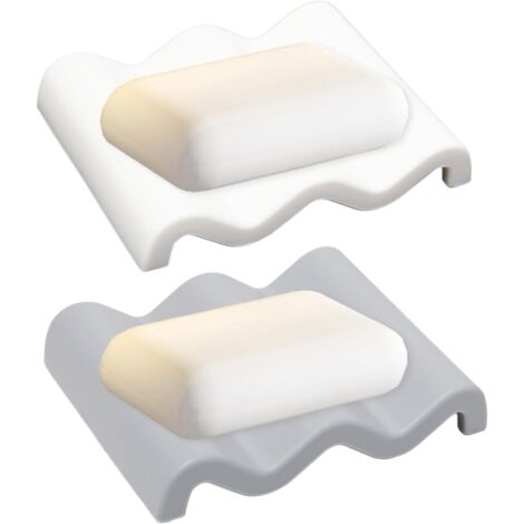 2-teilige Silikon-Seifenschale, wellenförmiger Seifenhalter mit Abtropffläche für Dusche, Küche, Badezimmer (weiß und grau)