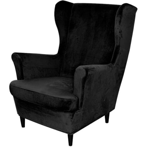 2-teilige Stretch-Ohrensesselbezüge, weiche Samt-Ohrensesselbezüge mit elastischem Saum für Schlafzimmer, Wohnzimmer, Plüschsessel, Sofa，Schwarz