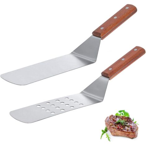 2-teiliger Edelstahlspatel mit Holzgriff für Edelstahlgrills, Teppanyaki-, Burger- und Steakgrills