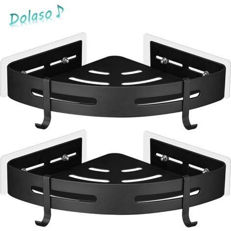 2-teiliges Eckduschregal-Set, kein Bohren erforderlich, Metall mit 2 Duschhaken, rostfrei, selbstklebend, für Badezimmerartikel, DOLASO