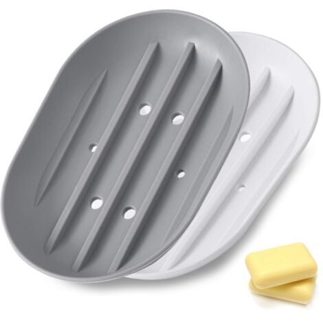 2-teiliges Seifenschalen-Set aus Silikon, Seifenhalter mit Abfluss, rutschfeste Seifenbox für Dusche/Bad/Küche – Weiß/Grau