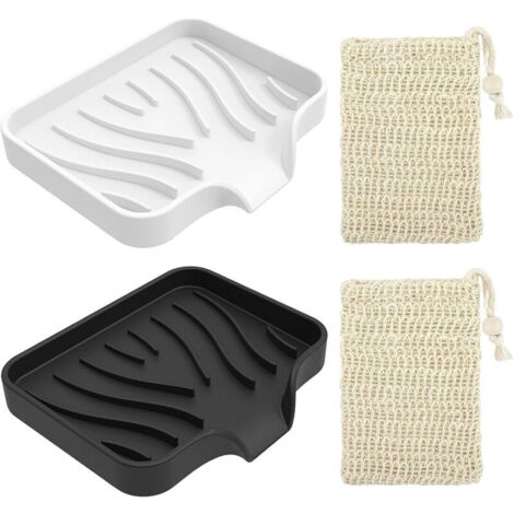 2-teiliges Seifenschalen-Set aus Silikon, Seifenhalter mit Abfluss, rutschfester Seifenhalter, inklusive zwei Sisal-Seifenbeuteln