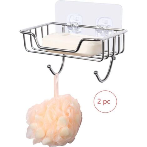 2-teiliges Seifenschalen-Set, Wandseifenhalter aus Edelstahl mit 2 Haken, Schwammhalter, selbstklebend, für Bad und Küche