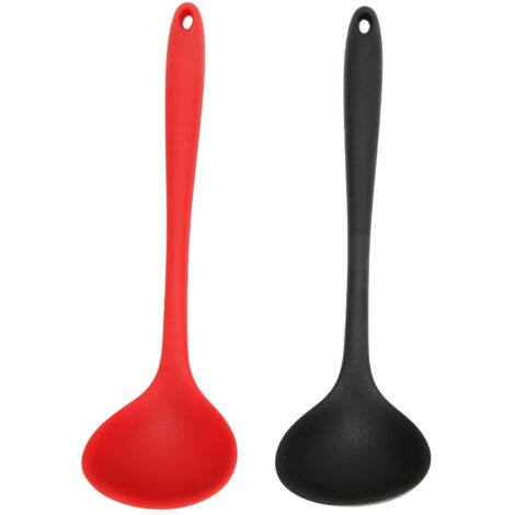 2-teiliges Set aus schwarzem und rotem Silikon-Küchenlöffel, multifunktionale Schöpfkelle mit Aufhängeloch