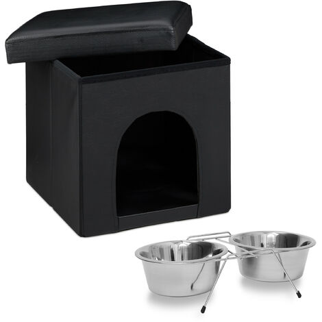 2 teiliges Set Home Sweet Hund L, Hundebox als Sitzhocker mit Tierhöhle, Hundebett schwarz, Doppelnapf Futterstation