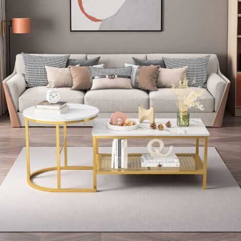 2-teiliges Set Moderne Couchtische, Beistelltische für Wohnzimmer, Büro, Goldfarbener Metallrahmen, Verstellbare Tischbeine, Rechteckiger Couchtisch
