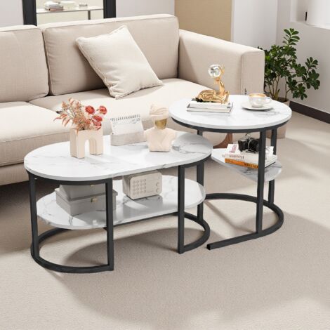 2-teiliges Set Moderne Couchtische, Beistelltische für Wohnzimmer, Büro, Schwarzer Metallrahmen, Verstellbare Tischbeine, Halbrunder Couchtisch