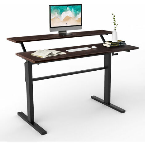 2-Tier Adjustable Height Standing Desk Sit to Stand Workstation w/Shelf
