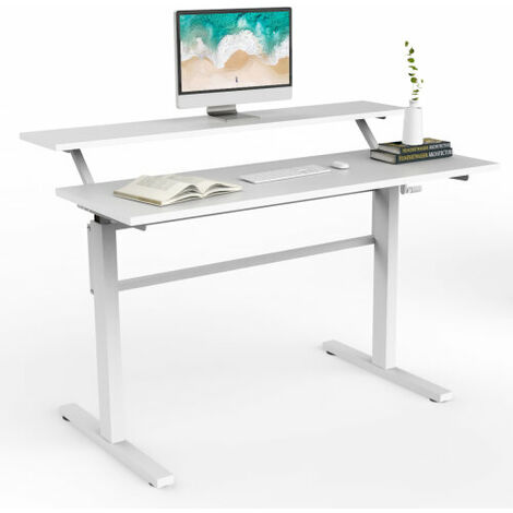 2-Tier Adjustable Height Standing Desk Sit to Stand Workstation w/Shelf