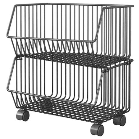 2 Tier Fruit Basket for Kitchen Storage Cart Stackable Metal Wire Storage Basket Snacks Organizer Baskets with Rolling Wheels Potato Onion Storage Bins Rack for Kitchen Living Room Home Office