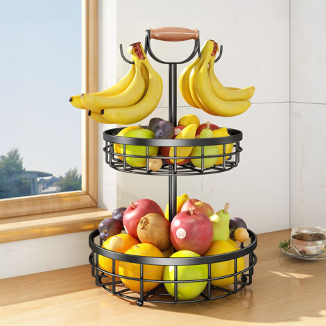 2-Tier Fruit Basket with Hangers and Wooden Handle