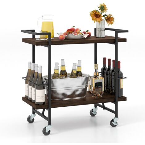 2-tier Home Bar Cart Kitchen Dining Storage Mobile Cart w/Lockable Wheel