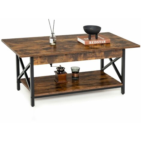 2-Tier Industrial Coffee Table Home Cocktail Tea Side Table with Storage Shelf