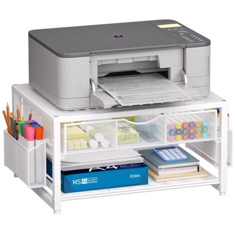 2-Tier Metal Printer Stand & Monitor Riser, Desk Organizer with Drawer and Pen Holders, Multi-Purpose Storage for Fax Machines, Scanners and Office Devices