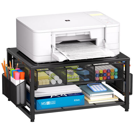 2-Tier Metal Printer Stand & Monitor Riser, Desk Organizer with Drawer and Pen Holders, Multi-Purpose Storage for Fax Machines, Scanners and Office Devices