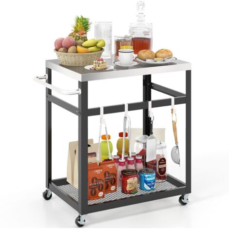 2-tier Outdoor Grill Cart on Wheels Pizza Oven Stand Trolley Stainless Steel Top