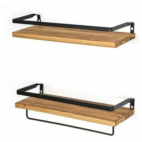 2-tier rustic wooden floating shelf with towel rail