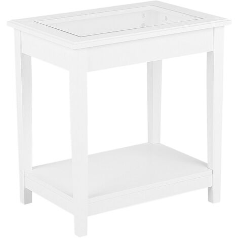 main image of "2-Tier Side End Table Nightstand White Wood Glass Top Minimalist Modern Attu"