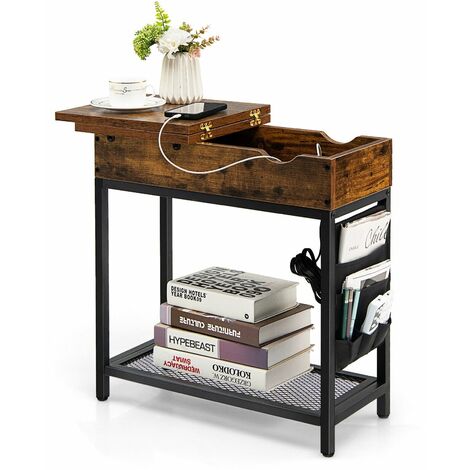 2-Tier Side Table End Table w/USB Ports & Flip Top Narrow Nightstand for Bedroom