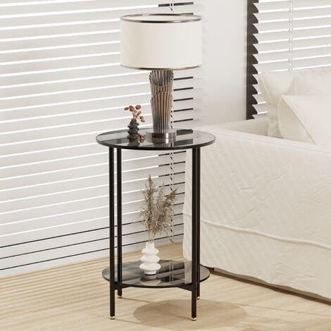 2 Tier Side Table Round Tempered Glass Coffee Center Table End Table for Living Room, Home, Offices