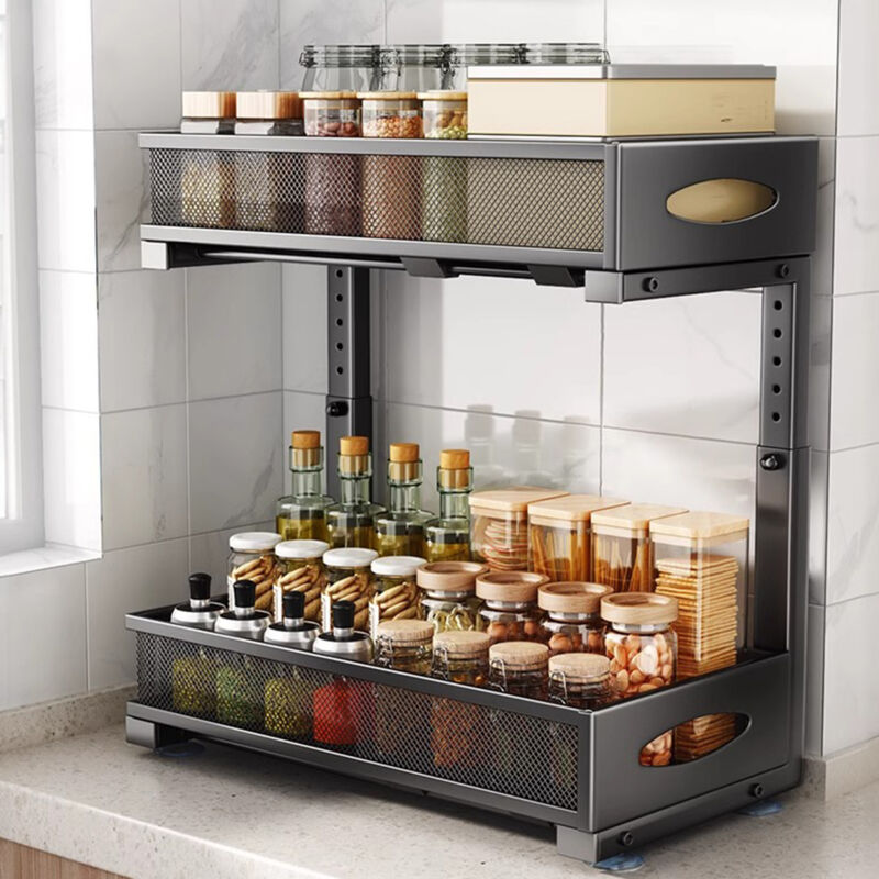 2 Tier Slide Out étagère de rangement avec tiroirs en maille Cabinet panier organisateur pour cuisine salle de bain - noir