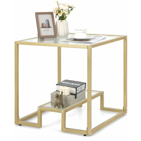 2-Tier Square Side Table Sofa End Snack Table Nightstand Tempered Glass Tabletop