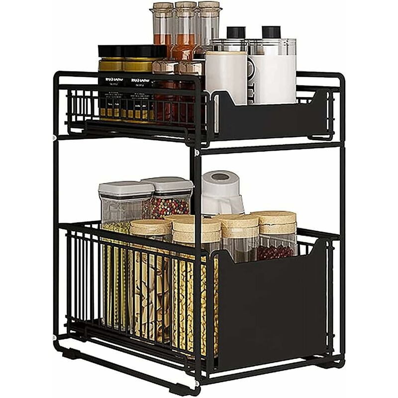 2 Tier Storage Drawer - Metal Sliding Storage Drawer - For Kitchen Countertop, Pantry, Bathroom, Office - Black