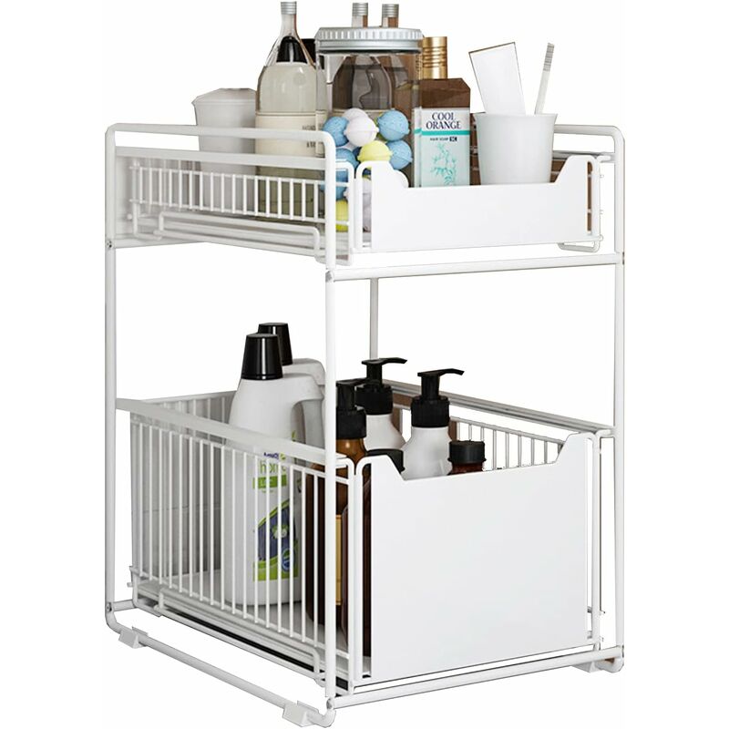 2 Tier Storage Drawer - Sliding Metal Storage Drawer - For Kitchen Countertop, Pantry, Bathroom, Office (White)