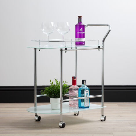 2-Tier Tea Wine Drinks Trolley on wheels, 80cm Metal Mini Bar Cart with Tempered Glass Shelves