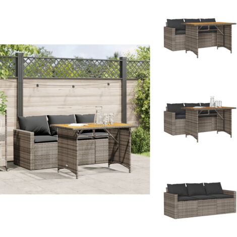 2-tlg. Garten-Essgruppe mit Kissen Grau Poly Rattan - Gartengestell - Gartenmöbelset - Outdoor-Lounge - Gartenstuhl - Gartentisch