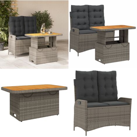 2-tlg. Garten-Essgruppe mit Kissen Grau Poly Rattan - Gartentisch - Sitzbank