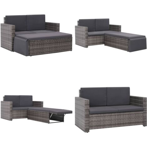 2-tlg. Garten-Lounge-Set mit Auflagen Poly Rattan Grau - Gartenlounge - Auflagen