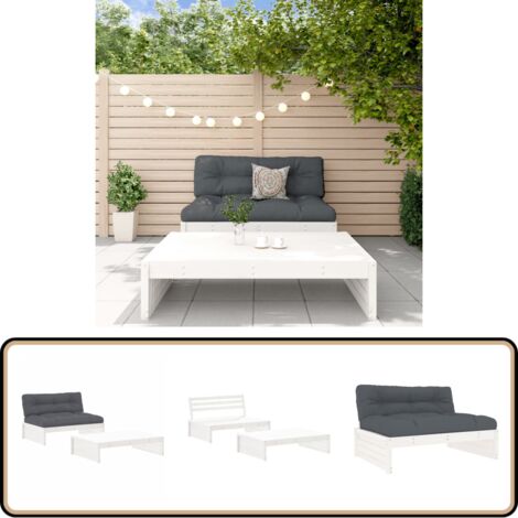 2-tlg. Garten-Lounge-Set mit Kissen Weiß Massivholz - Gartensofa - Loungesessel - Gartenmöbeln - Rattan Möbel - Holz Gartenmöbel