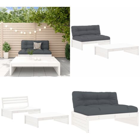 2-tlg. Garten-Lounge-Set mit Kissen Weiß Massivholz - Gartensofa - Loungesessel - Gartenmöbeln - Rattan Möbel - Holz Gartenmöbel - Home & Living