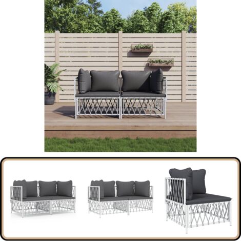 2-tlg. Garten-Lounge-Set mit Kissen Weiß Stahl - Gartensauna - Gartenloungesessel - Outdoor Möbel - Esstischgarnituren - Gartengeräte
