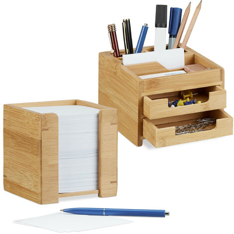 2 tlg. Schreibtisch Set, Schreibtisch-Organizer mit Stiftehalter und Schubladen, Zettelbox mit Notizzetteln, Bambus