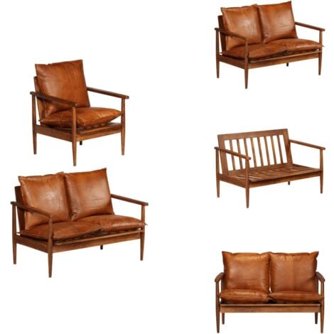2-tlg. Sofagarnitur Braun Echtleder und Massivholz Akazie - Echtleder Sofa - Leder Sofa - Massivholzmöbel - Akzidenzholz Sofa - Wohnzimmer Dekoration
