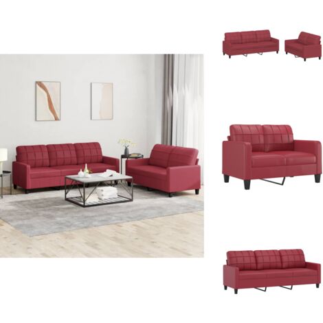 2-tlg. Sofagarnitur mit Kissen Weinrot Kunstleder - Weinfarbener Sessel - Ledercouch - Wohnzimmersofa - Couchtisch - Lounge Möbel
