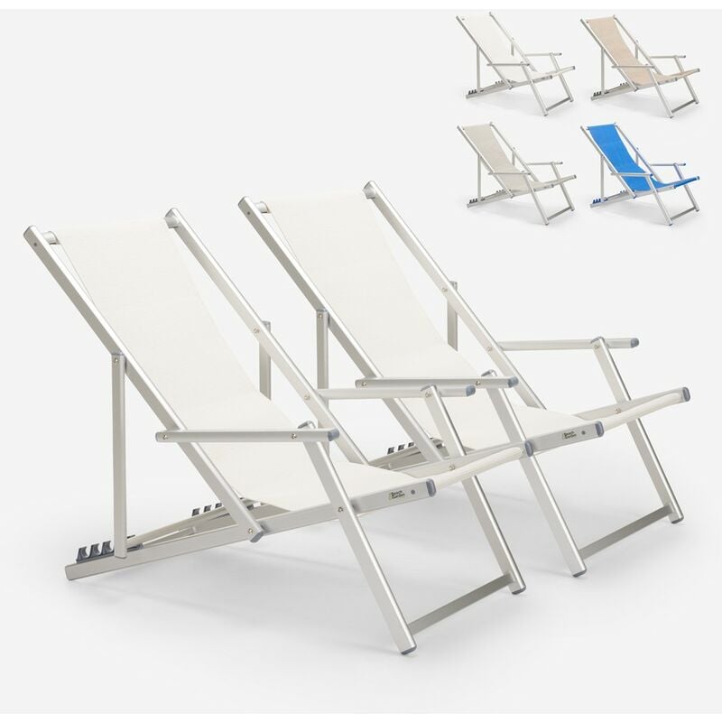 2 chaises de plage pliantes avec accoudoirs en aluminium Riccione Gold Lux Couleur: Blanc