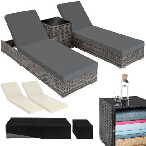 TECTAKE 2 tumbonas de poli ratán y aluminio + mesa - hamaca de poliratán para jardín, muebles de ratán sintético con cojines y fundas, asientos de jardín con estructura de aluminio