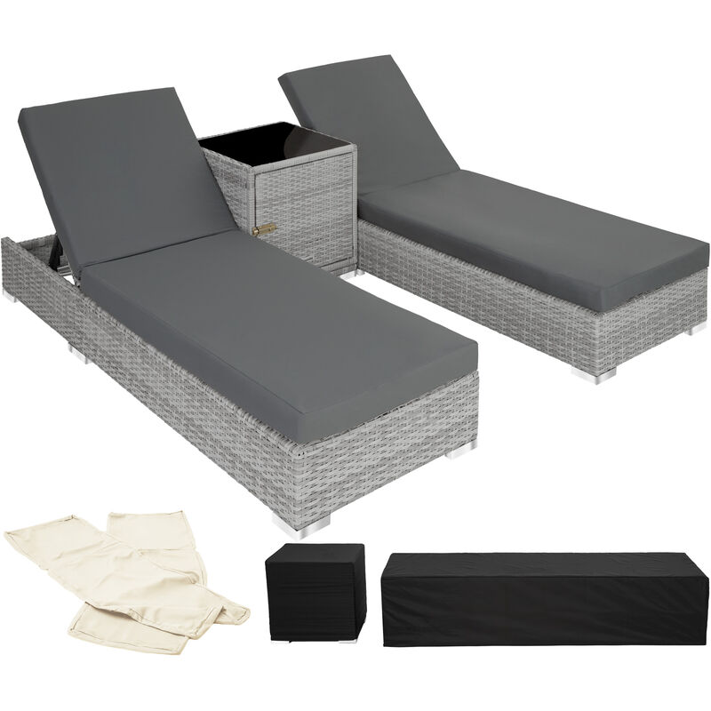 

Tectake - 2 tumbonas de poli ratán y aluminio + mesa - tumbona de poliratán para jardín, muebles de ratán sintético con cojines y fundas, asientos de