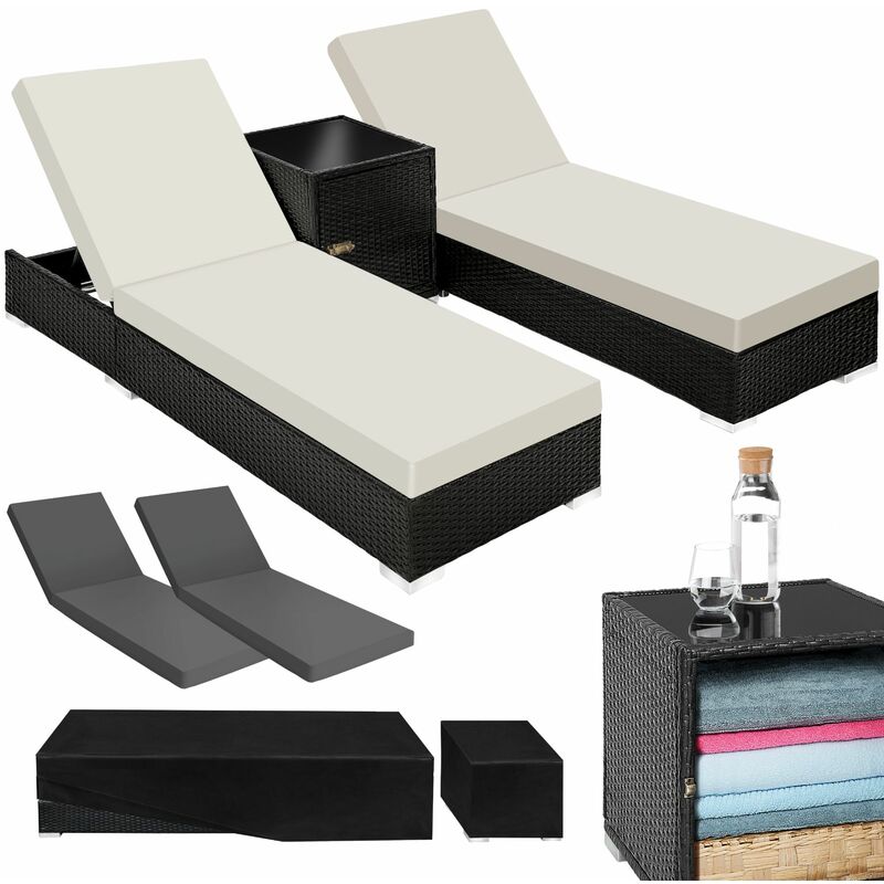 

Tectake - 2 tumbonas de poli ratán y aluminio + mesa - tumbona de poliratán para jardín, muebles de ratán sintético con cojines y fundas, asientos de