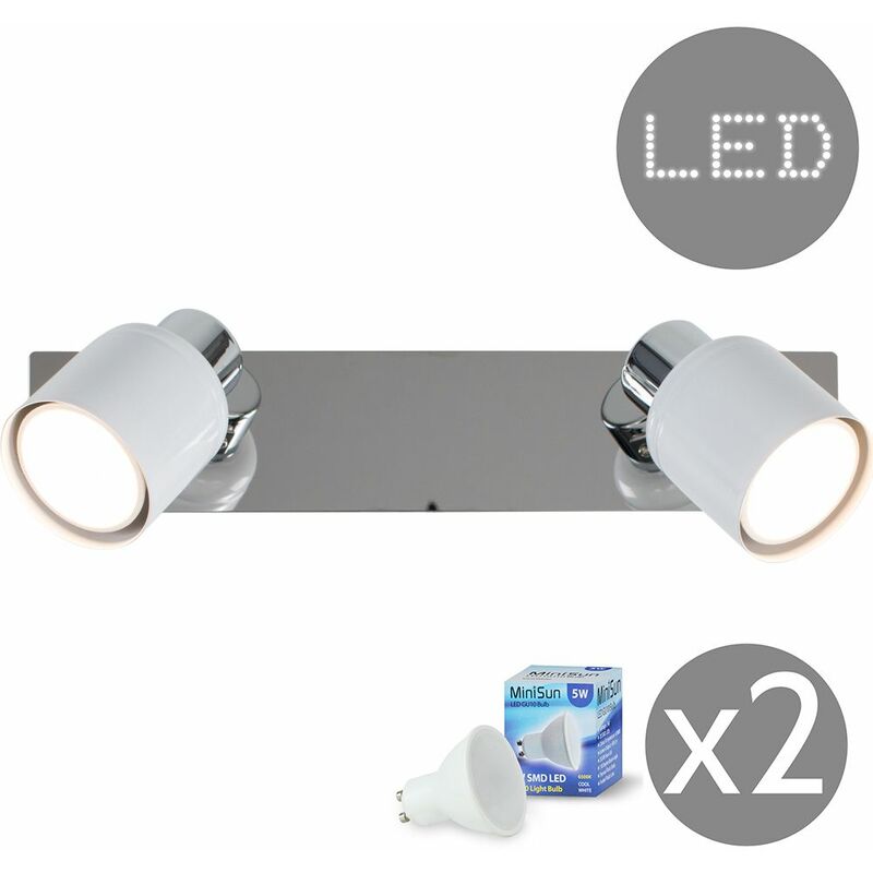 2 Way Adjustable Wall Spotlight + Plug, Cable & Switch in White - Cool White Bulbs