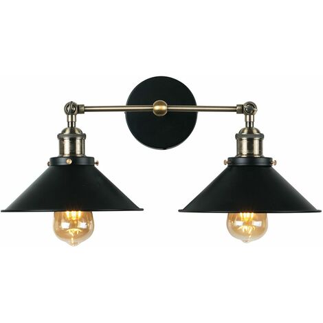 2 Way Antique Brass & Black Metal Adjustable Wall Light Fitting - Add LED Bulbs